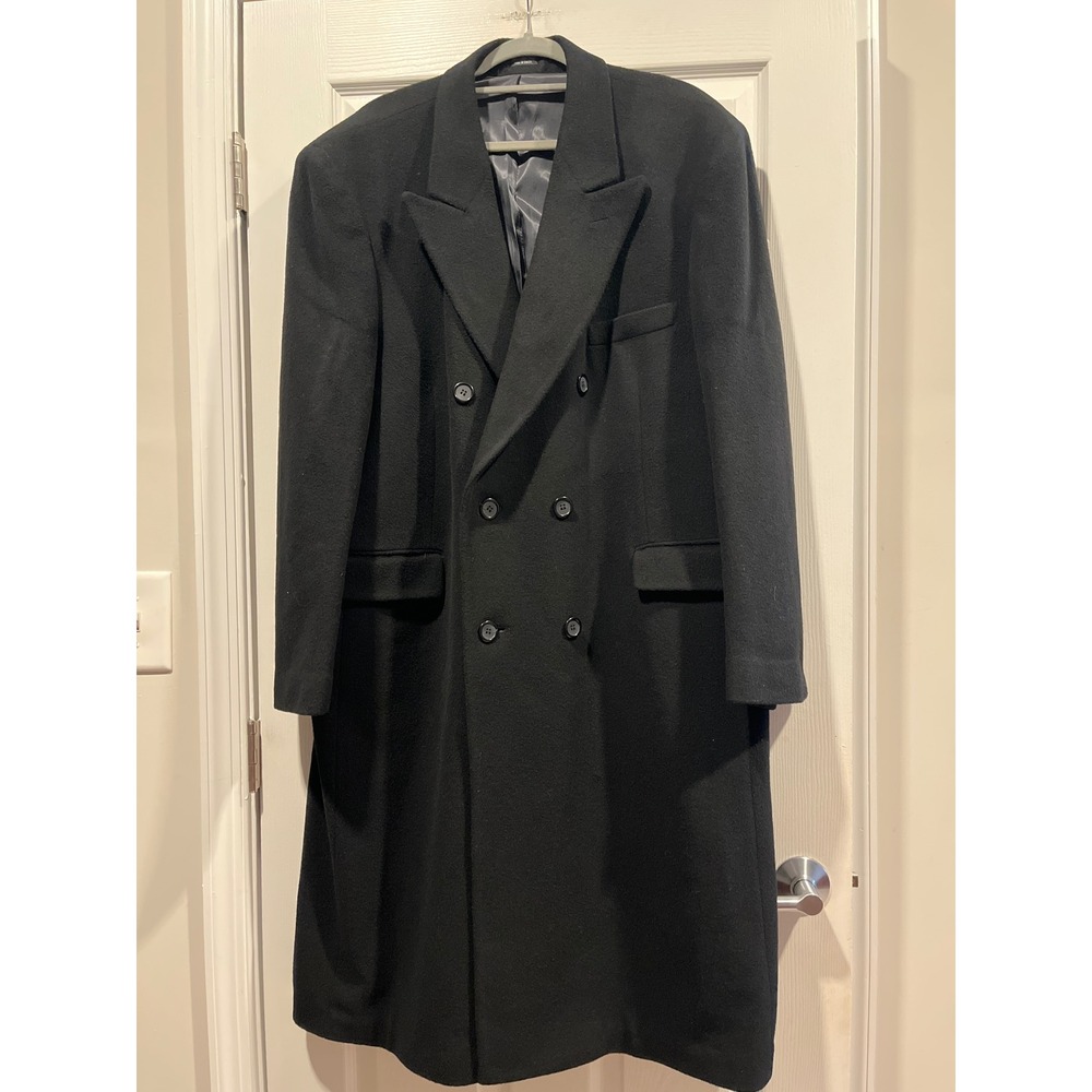 Roberto Vasalli Mens Double Breasted Overcoat Black Wool Blend Long Peacoat L